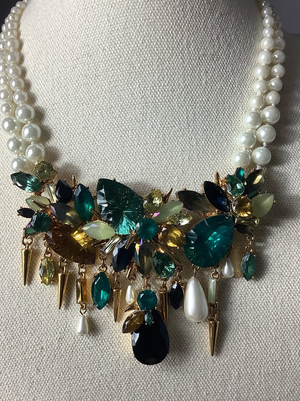 Erickson Beamon Pearl Necklace with Teal, Emerald & Gold Crystals